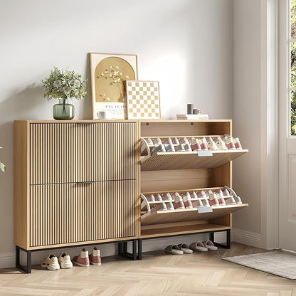 Shoe Cabinet with 2 Flip Drawers Set of 2, Narrow Wood Shoe Cabinet Storage for Entryway, Freestanding Hidden Shoe Organizer Rack Cabinet for Hallway