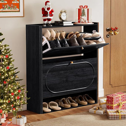 ORRD Shoe Storage Cabinet with 2 Flip Drawers, Wood Narrow Shoe Cabinet for Entryway, Fluted Hidden Shoe Organizer, Freestanding Slim Shoes Cabinets for Foyer, Hallway-Black