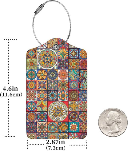 2 Pcs Luggage Tags for Suitcase, Cute Unique PU Leather Travel Bag Tag with Privacy Cover ID Label Address Card and Durable Metal Ring Suitable for Men Women Children Backpack,Bohemia