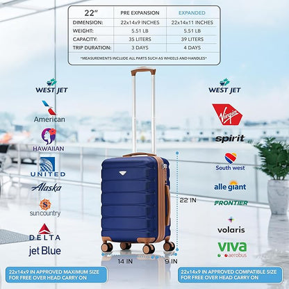 Flight Knight 22x14x9" Expandable Carry On Suitcase Hardside TSA Lock USB C Port Lightweight Luggage Silent Double Spinner Wheels Maximum Overhead Carry-On Bag For American & United Approved Airlines