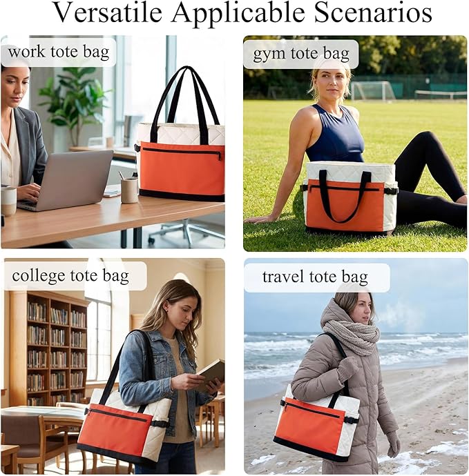 Puffer Tote Bag for Women, Work Bag with Cup Holder, Teacher Bag with Compartments, Quilted Tote Bag with Zipper for Travel