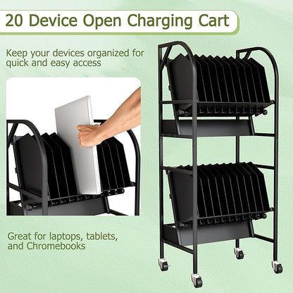 AIWFL 2 Tier Laptop Charging Cart with Wheels, 20 Device Open Charging Cart for Laptops Computers, Tablets and Chromebooks Mobile Charging Station Laptop Storage Carts for Office and Classroom