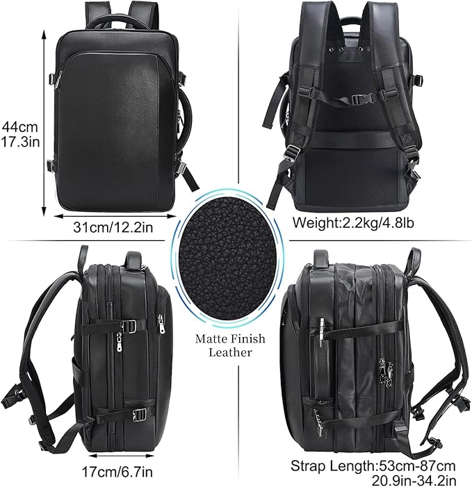 Masa Kawa Leather 15.6 Inch Laptop Backpack for Men Expandable 36L Business Travel Rucksack Daypack Weekender Bag