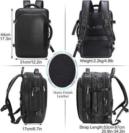 Masa Kawa Leather 15.6 Inch Laptop Backpack for Men Expandable 36L Business Travel Rucksack Daypack Weekender Bag