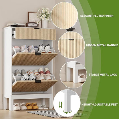 GAOMON Shoe Cabinet with 2 Flip Drawers, Entryway Cabinet with Adjustable Shelves, Accommodate 8 to 12 Pair of Shoes, Space-Saving Slim Shoe Cabinet for Entryway, Hallway, Front Door, White Oak