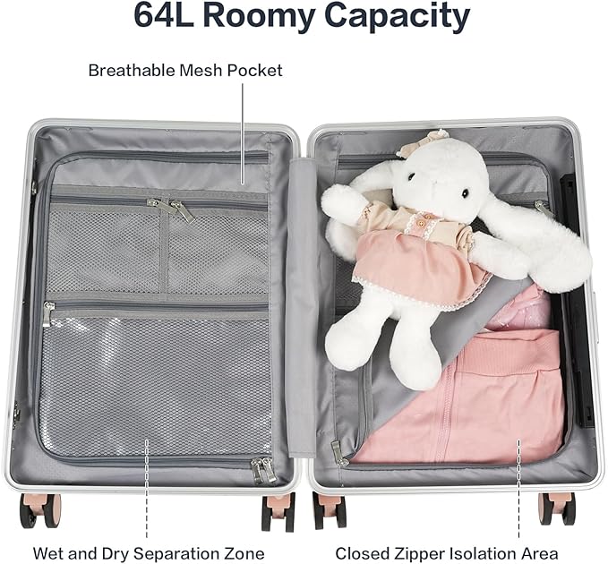 smilesun 22" Carry On Luggage with Seat For Kids & Adults，Hardside Ride On Suitcase Front Opening with 360°Spinner and TSA Lock For Travel (Light Pink with Front Open, 22")