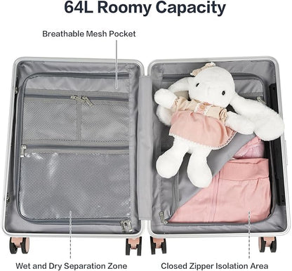 smilesun 22" Carry On Luggage with Seat For Kids & Adults，Hardside Ride On Suitcase Front Opening with 360°Spinner and TSA Lock For Travel (Light Pink with Front Open, 22")
