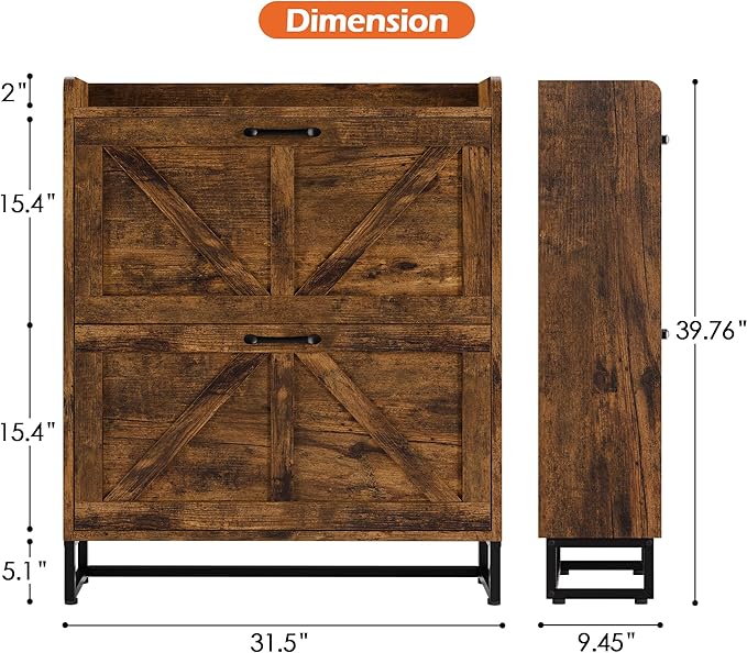 Betterhood Entryway Shoe Cabinet with 2 Flip Drawers, Slim Shoe Rack Cabinet, Freestanding Hidden Shoe Organizer Cabinet with Metal Legs, Shoe Cabniet for Entryway with Storage, Hallway, Foyer, Brown