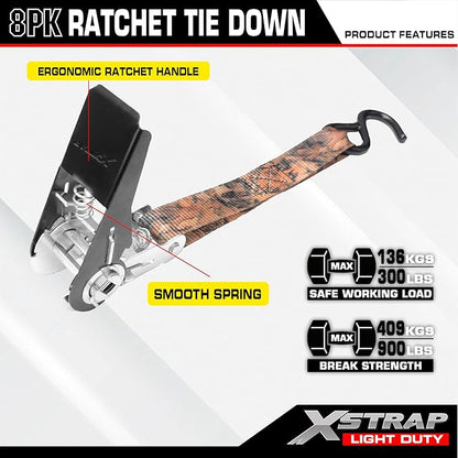 XSTRAP STANDARD Ratchet Tie Down Straps - 8PK - 1'' x 10 ft - 900 LB Break Strength Cargo Straps for Moving Appliances, Lawn Equipment, Motorcycle (Camouflage2)