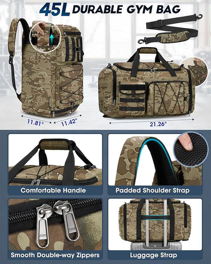 SDYSM Gym Bag for Men 45L Sports Duffel Bags 3-in-1 Travel Duffel Bag with Shoe Compartment, Gym Workout Backpack Carry On Weekender Bag Overnight Bag for Travel, KhakiCamouf