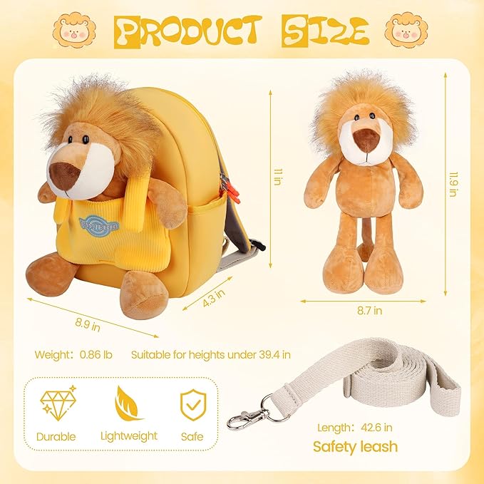 Small Lion Toddler Backpacks with Soft Dolls & Leash, Preschool Backpack with Stuffed Animals for School Travel, 2 3 4 5 6 Year Old