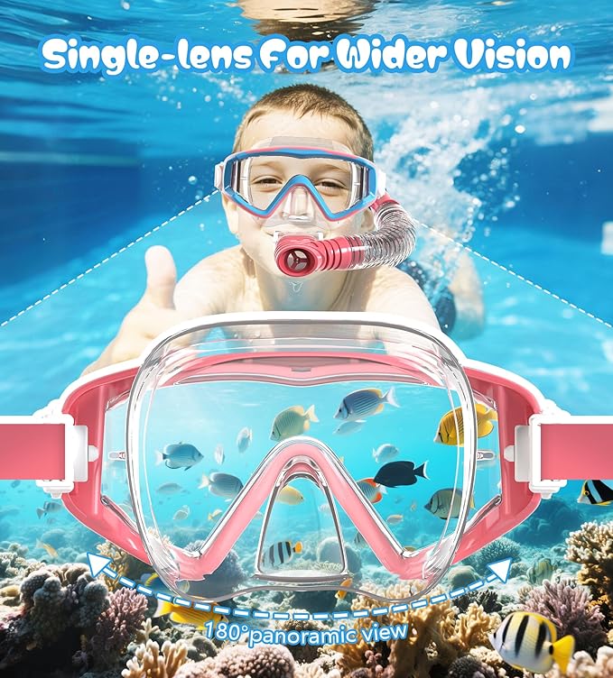 Aegend Snorkeling Gear for Adults Youth Kids, Dry Snorkel Set Panoramic View Enhanced Anti-Leak and Anti-Fog Technology, Adjustable Strap for Snorkeling Scuba Diving Swimming with Mesh Bag