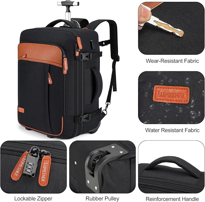 Lumesner Carry on Travel Backpacks, Extra Large 40L Flight Approved for Men & Women,Expandable Suitcase backpack (Rolling-Black)