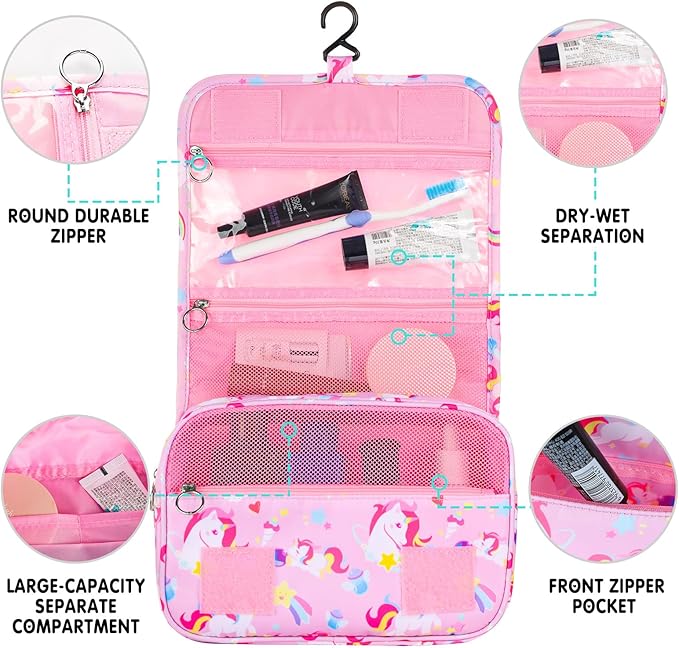 Kids Hanging Toiletry Bag for Girls, Travel Toiletry Bag for Little Young Girls Cosmetic Makeup Waterproof Wash Bag Toddler Traveling Toiletries, Unicorn Pink