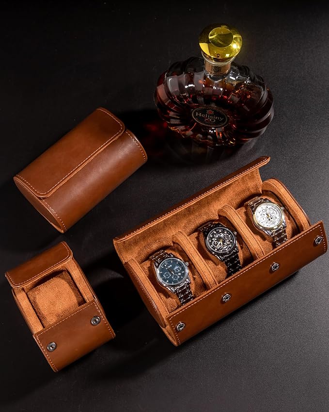 MR.OKAY 3 Watch Travel Case- Classic Leather Watch Case With Superb Texture.Portable Watch Roll Or Organizer For Storage And Display. Best Travel Gift for Men,All Handcrafted By Artisans.