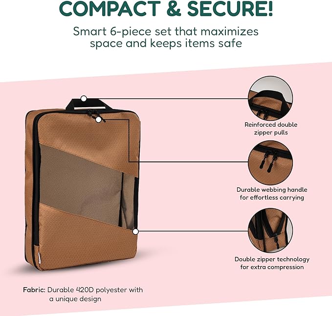 Compression Packing Cubes for Travel – 6-Pack Expandable Luggage Organizer Bags | Lightweight Storage Solution for Suitcase, Backpack & Carry-On | Travel Accessories for Men & Women (Brown & Camel)