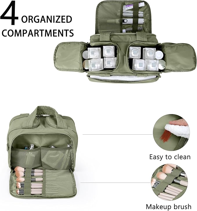Travel Toiletry Bag for Women, Large Wide-open Puffy Cosmetic Makeup Bag with Wet-Dry Separation, Multi-Pocket Organizer with Carry Handle for Toiletries, Cosmetics, Essentials, Green