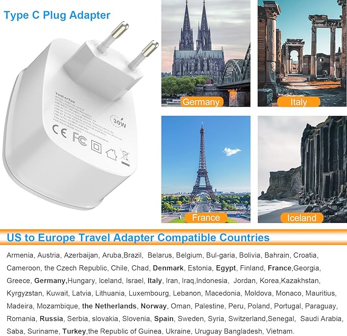 Type C Plug Adapter, VooLerTun Frence Germany Travel Adapter with 30W Fast Charge Power Adapter Dual Ports Compatible iPhone 17/16 Series, 1 American Outlet Adapter, US Converter for European Travel