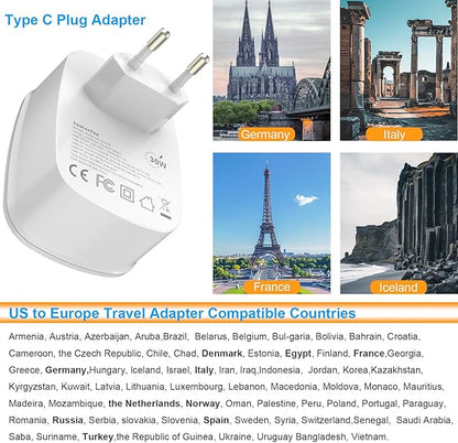 Type C Plug Adapter, VooLerTun Frence Germany Travel Adapter with 30W Fast Charge Power Adapter Dual Ports Compatible iPhone 17/16 Series, 1 American Outlet Adapter, US Converter for European Travel