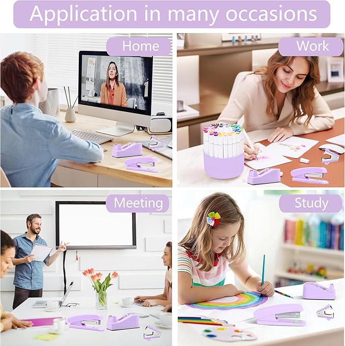 Purple Desk Accessories, Purple Office Supplies Accessories with Tape Dispenser, Stapler, Staple Remover, 1000 Staples, Tape, Clips Set, Ruler, Scissor, Pen