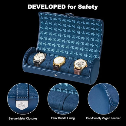 DUKWIN Watch Roll for 3 Watches, Vegan Leather Travel Watch Case Organizer with Removable Pillows for Men and Women,Display Case for Watches Collection and Gift for Anniversary Birthday(Blue Storage)