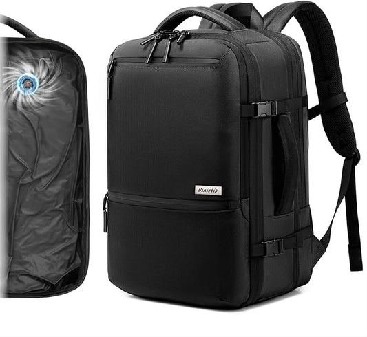 Dinictis Vacuum Seal Travel Backpack 60L Built-in Pump, Expandable Backpack with Vacuum Compression Fits 17 inch Laptop, Water Resistant Carry On Suitcase Luggage for Short Trip and Business-Black