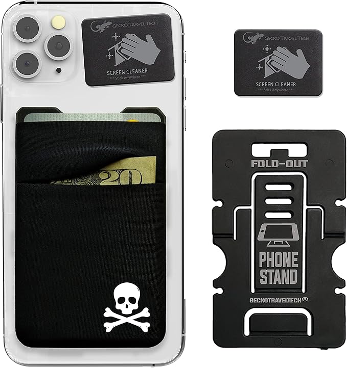 Gecko Travel Tech Double Pocket - Adhesive Card Holder - Cell Phone Pouch - Stick on Spandex Pocket - Carry Credit Cards and Cash - Skull