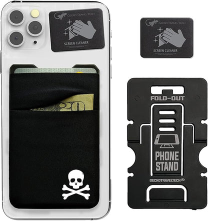 Gecko Travel Tech Double Pocket - Adhesive Card Holder - Cell Phone Pouch - Stick on Spandex Pocket - Carry Credit Cards and Cash - Skull