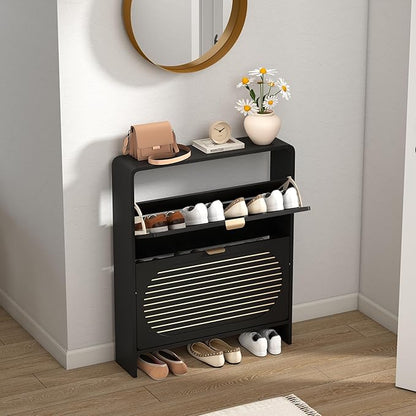Wood Shoe Storage Cabinet with 2 Flip Drawer, Mid-Century Modern Shoe Cabinet Arched Fluted Pattern, Hidden Narrow Curved Corner Shoe Organizer for Entryway, Living Room (Black, No-Divider)