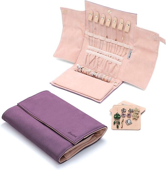 Becko US Jewelry Organizer Roll Travel Jewel Bag case for Multiple Necklaces, Rings, Bracelets, Supple Leather & Suede, Large Capacity Without Crease, Lightweight, Portable & Practical (Purple)