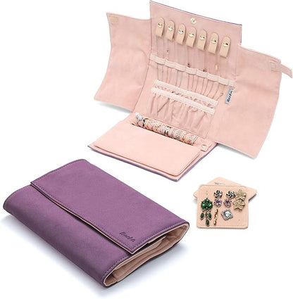 Becko US Jewelry Organizer Roll Travel Jewel Bag case for Multiple Necklaces, Rings, Bracelets, Supple Leather & Suede, Large Capacity Without Crease, Lightweight, Portable & Practical (Purple)