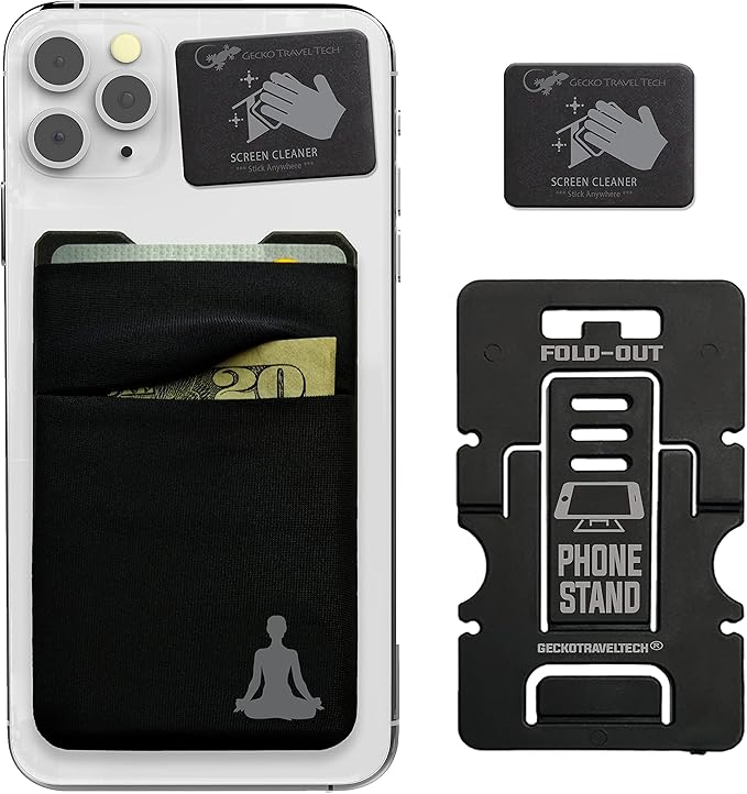 Gecko Travel Tech Double Pocket - Adhesive Card Holder - Cell Phone Pouch - Stick on Spandex Pocket - Carry Credit Cards and Cash (YOGA)