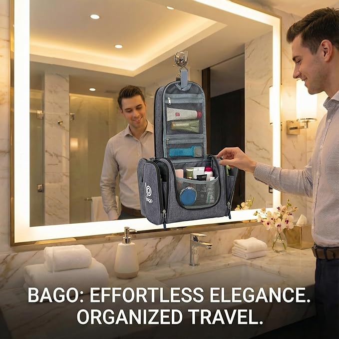 Bago Travel Toiletry Bag for Women and Men - Large Waterproof Hanging Toiletry Bag for Bathroom and Travel Bag for Toiletries Organizer (Snow Black)