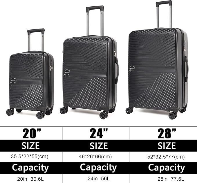 Luggage Set 3 Pieces -Suitcase Set - Carry on Luggage with Wheels - Check-in Luggage - PC + ABS Durable Suitcase Rotating Silent Wheels 3-Piece 20/24/28 Black