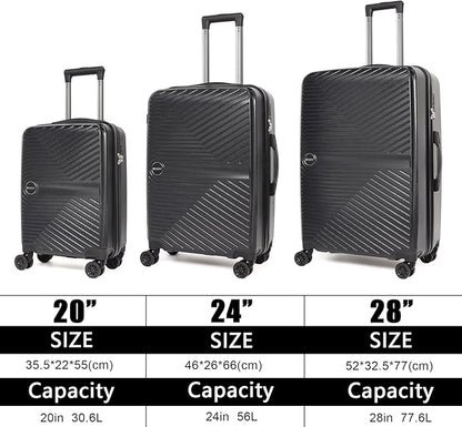 Luggage Set 3 Pieces -Suitcase Set - Carry on Luggage with Wheels - Check-in Luggage - PC + ABS Durable Suitcase Rotating Silent Wheels 3-Piece 20/24/28 Black