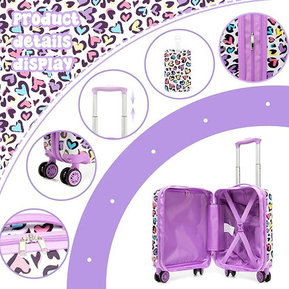 Kid's Luggage Set 2 Piece Suitcase Set Hardside Luggage with Spinner Wheels Girls Carry on Toddler Travel Rolling Suitcase with Neck Pillow Airline Approved