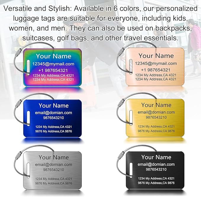 Stainless Steel Personalized Luggage Tags for Suitcases - Custom Name ID Travel Tags for Luggage, Backpacks, Baggage and Bags - Metal Unique Lable - Travel Essentials Accessories for Kids, Women, Men