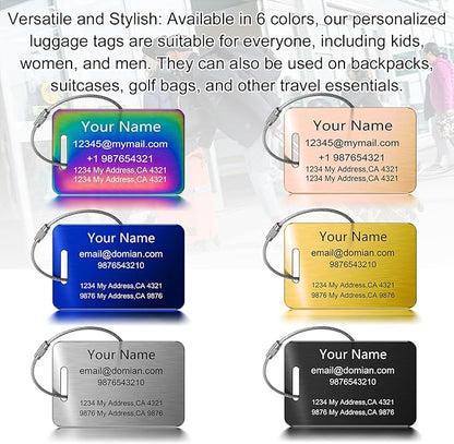 Stainless Steel Personalized Luggage Tags for Suitcases - Custom Name ID Travel Tags for Luggage, Backpacks, Baggage and Bags - Metal Unique Lable - Travel Essentials Accessories for Kids, Women, Men