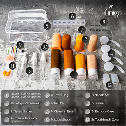 unigo 30pack Full Set TSA Approved Travel Bottles, Travel Size Containers for Toiletries, Refillable Leakproof Shampoo and Conditioner Bottles, Toiletry Containers,Extra Bottle Sleeves(Apricot)
