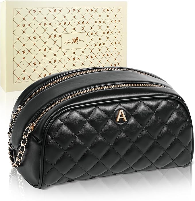COSHAYSOO Unique Gifts for Women Anniversary Wife Girlfriend New Mom Aunt Birthday Christmas Gift Ideas, Personalized Initial Makeup Bags Travel Quilted Monogram Cosmetic Bag Black Leather Letter A