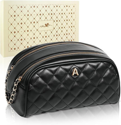 COSHAYSOO Unique Gifts for Women Anniversary Wife Girlfriend New Mom Aunt Birthday Christmas Gift Ideas, Personalized Initial Makeup Bags Travel Quilted Monogram Cosmetic Bag Black Leather Letter A
