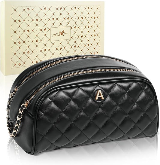 COSHAYSOO Unique Gifts for Women Anniversary Wife Girlfriend New Mom Aunt Birthday Christmas Gift Ideas, Personalized Initial Makeup Bags Travel Quilted Monogram Cosmetic Bag Black Leather Letter A