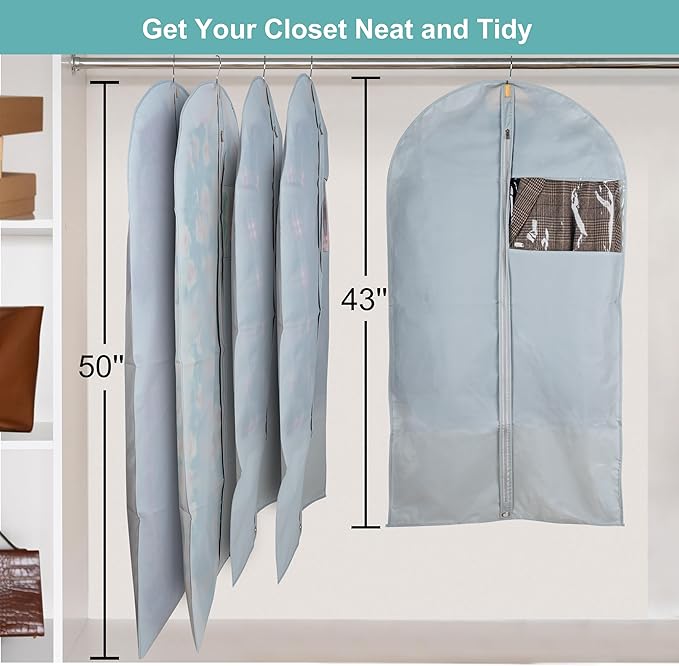 Garment Bags for Hanging Clothes Cover, Clear Window Suit Bags with Foldable Design for Closet Storage and Travel - 24" X 43"/ 4 Pack