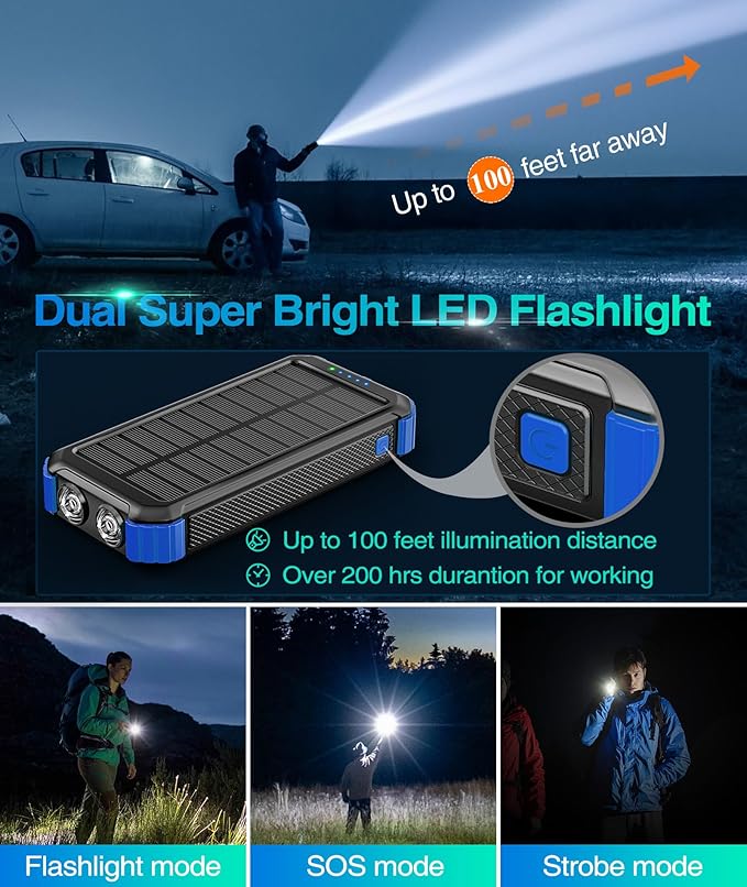 LATIMERIA 45800mAh Solar Charger Power Bank, Portable Phone Charger with 5V3.1A QC 3.0 Fast Charging, Solar Panel USB C in/Output for Cellphone, External Battery Pack with Dual Flashlights for Hiking