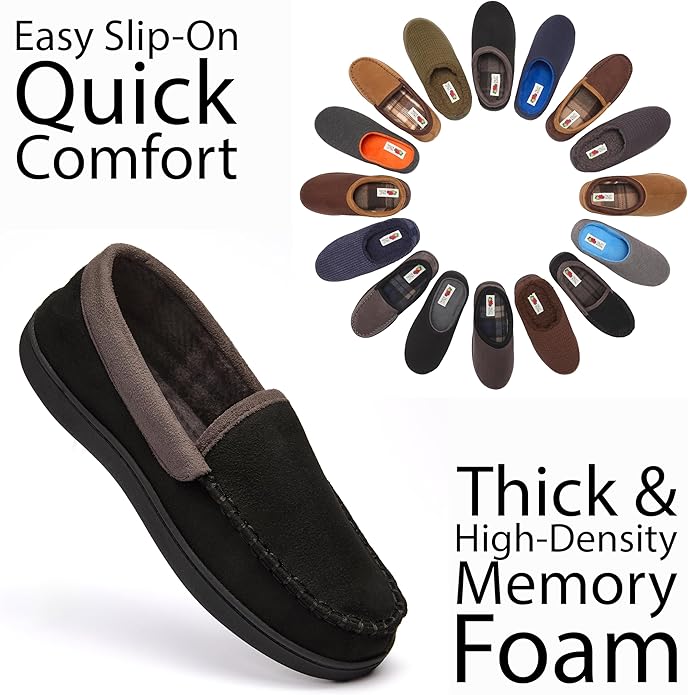 Fruit of the Loom Men’s Memory Foam House Slippers Indoor Outdoor – Microsuede Venetian Cozy Warm Men’s Slippers Plush House Shoes, Sizes 7-14