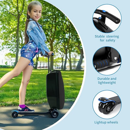 Scooter Suitcase Carry On Hardshell Ride On Suitcase Scooter for Kids Age 4-15, Multifunctional Ride On Lightweight Kids Luggage with Wheels(Size:Black)