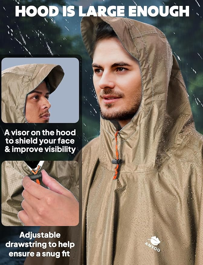 ANYOO Hooded Rain Poncho for Adults Waterproof Lightweight Rain Coat for Men Women Reusable Rain Jacket for Emergency Outdoor