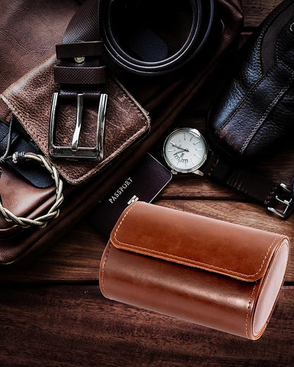 MR.OKAY 2 Watch Travel Case-Classic Leather Watch Case With Superb Texture.Portable Watch Roll Or Organizer For Storage And Display. Best Travel Gift for Men,All Handcrafted By Artisans.