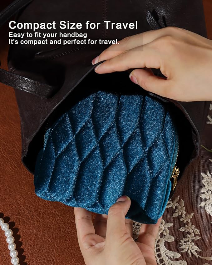 Small Travel Jewelry Case, Mini Travel Jewelry Bag with Zipper, 5-Layer Velvet Organizer Pouch for Bracelet Rings Earrings - Diamond Stitched Velvet Moss Green