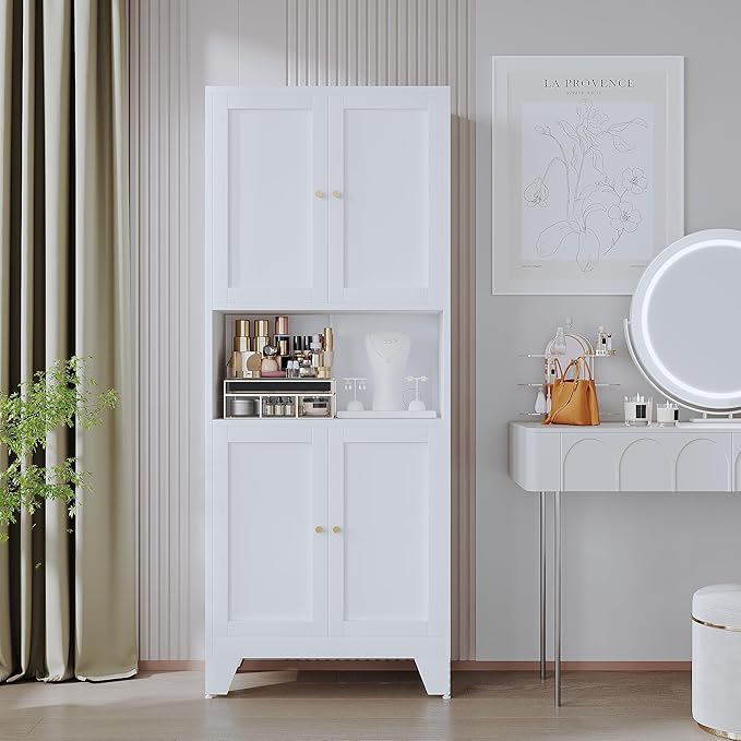 69" Tall Metal Kitchen Pantry Storage Cabinet with Microwave Stand | White | Modern Freestanding Food Buffet Cabinet | Kitchen Hutch | Coffee Bar Hutch for Dining & Living Room